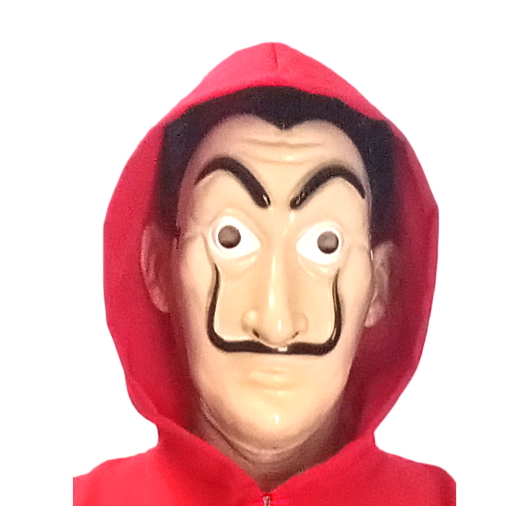 Máscara blanca con bigote negro y rasgos que simulan el rostro de Salvador Dalí, ideal para disfraz de La Casa de Papel.