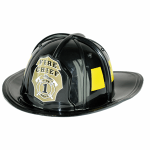 Casco de bombero negro con insignia dorada "FIRE CHIEF" y detalles amarillos, para adulto.