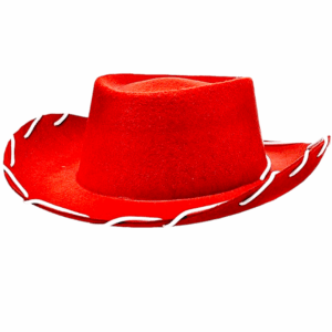 Sombrero de vaquero rojo de fieltro o foami con un cordón blanco decorativo en el borde.