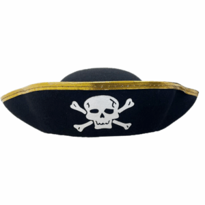 Sombrero de pirata negro tipo tricornio con borde dorado y una calavera blanca con huesos cruzados.