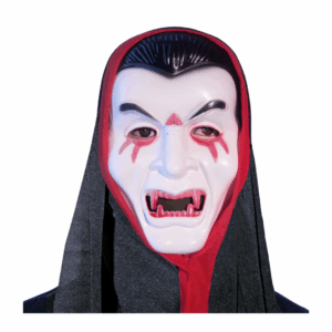 Máscara de Drácula blanca con colmillos rojos, cejas marcadas, marcas rojas en los ojos y cabello negro, con capucha negra y roja.