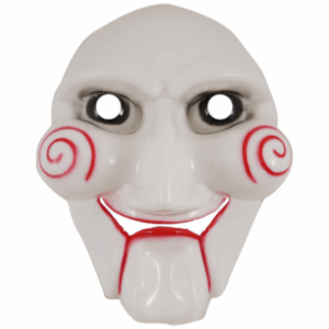 Máscara blanca con ojos grandes, espirales rojas en las mejillas y boca roja extendida, similar al muñeco Billy de la película Saw.