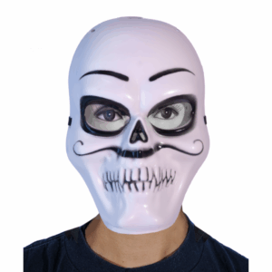 Máscara blanca con detalles negros de calavera, bigotes y cejas, estilo Día de Muertos