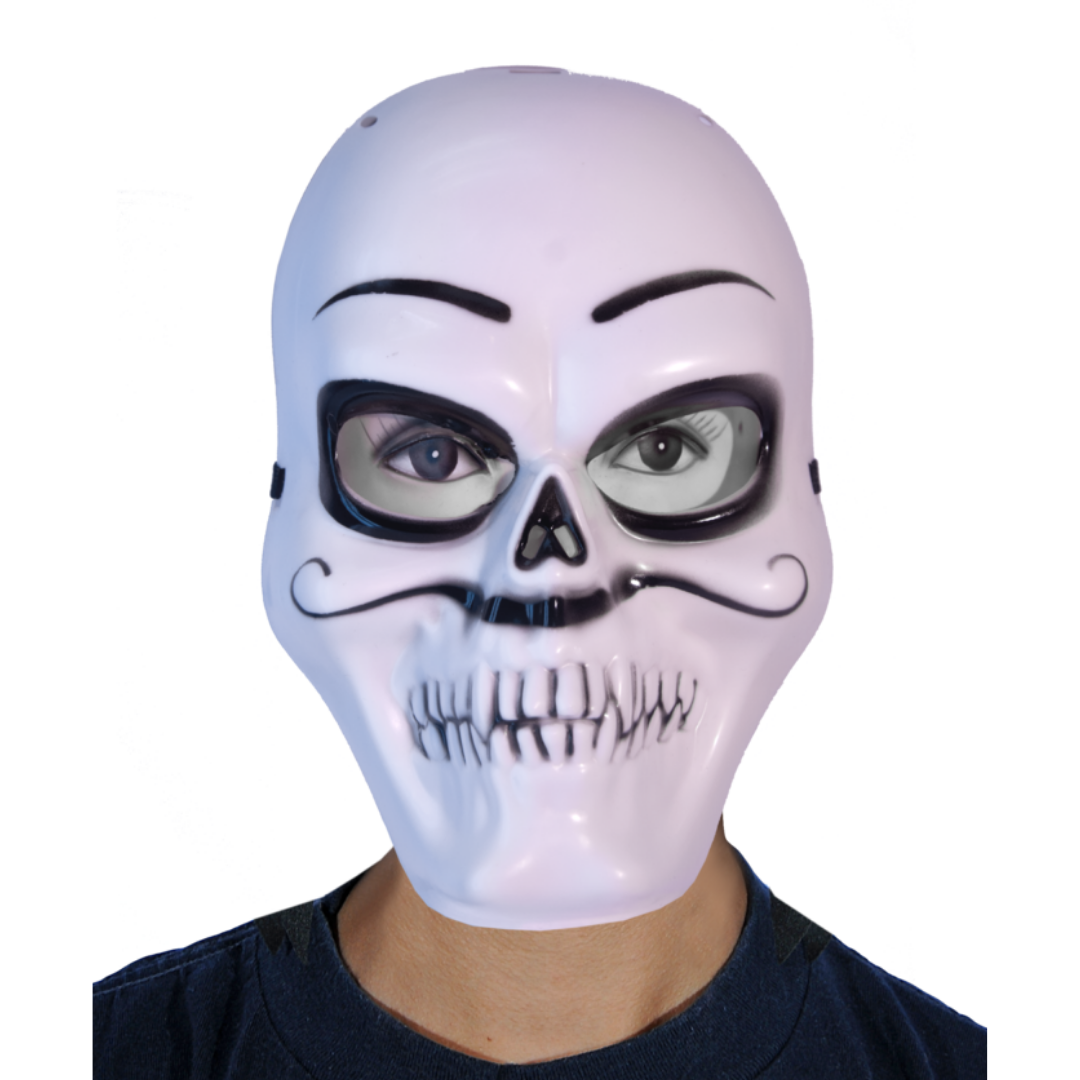 Máscara blanca con detalles negros de calavera, bigotes y cejas, estilo Día de Muertos