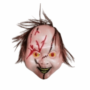 Máscara de Chucky con cicatrices, ojos rojos y amarillos, y cabello castaño, ideal para disfraces de terror.