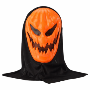Máscara de calabaza naranja con expresión malvada y ojos de malla negra, con capucha negra integrada, ideal para Halloween.