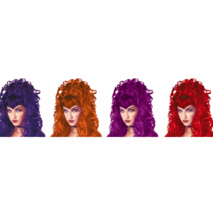 Peluca de duquesa vampira en cuatro colores diferentes: morado, naranja, magenta y rojo. Cada peluca tiene flequillo y cabello largo rizado.