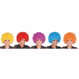 Cinco modelos de peluca de payaso de estilo afro en colores vibrantes: amarillo, rojo, rosa, azul y naranja.
