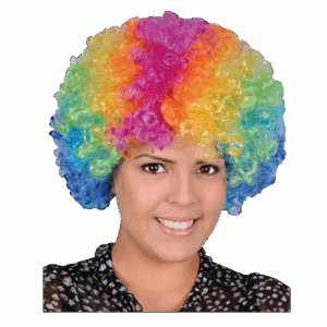Peluca de payaso estilo afro, con cabello rizado en colores de arcoíris (rosa, amarillo, naranja, azul y verde).