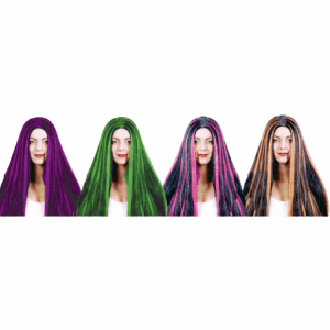 Cuatro pelucas largas y lisas estilo Morticia en diferentes colores: morado, verde, negro con rayas rosas, y negro con rayas naranjas.