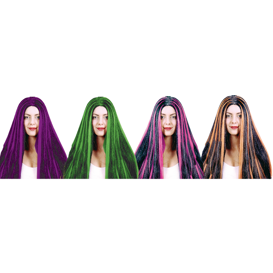 Cuatro pelucas largas y lisas estilo Morticia en diferentes colores: morado, verde, negro con rayas rosas, y negro con rayas naranjas.