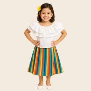 Conjunto infantil de blusa blanca con volantes y falda con rayas verticales de arcoíris.