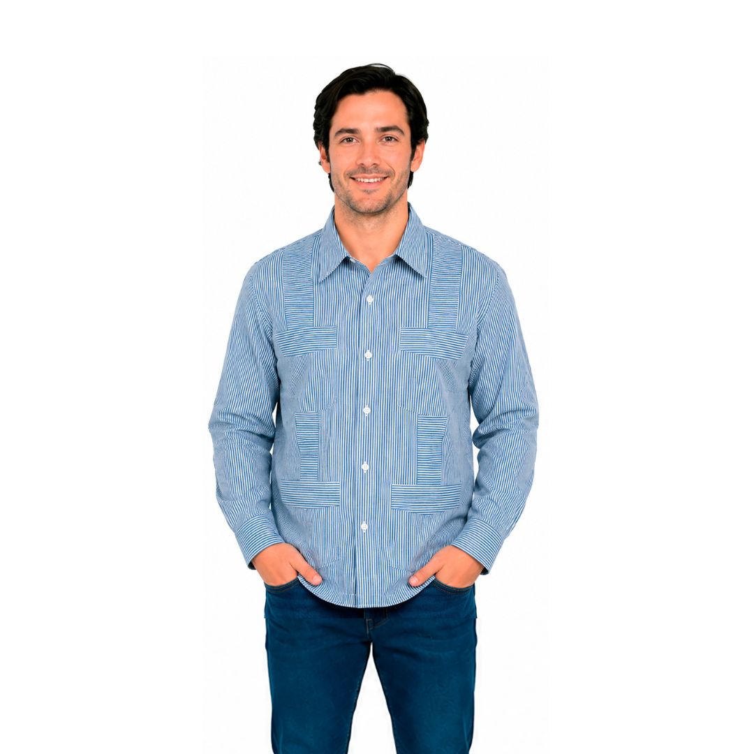Guayabera Manga Larga Caballero Azul Celeste