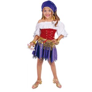 Disfraz de gitana con vestido colorido, pañoleta a juego y fajín con monedas decorativas